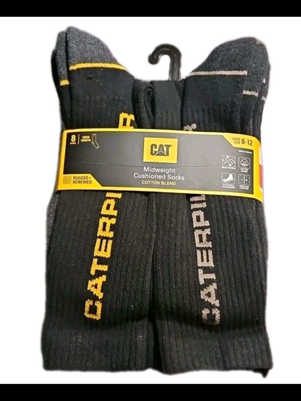 CAT 8 Pack Men's Socks Midweight Cotton Blend 8-12 Black Gray Caterpillar Logo